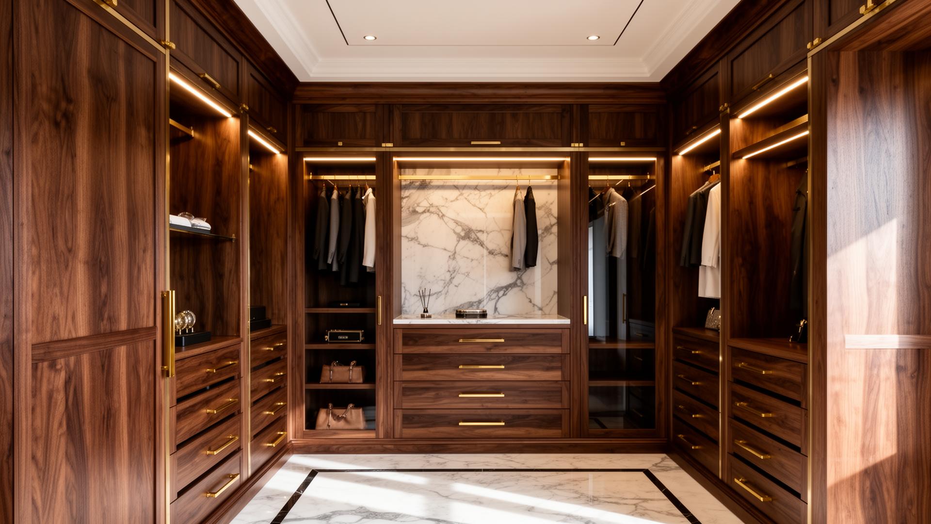 Closet sob medida em nogueira com detalhes em latão